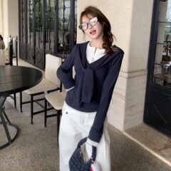 韩系穿搭撞色假两件绑带拼接长袖t恤女春秋季设计感小众新款上衣
