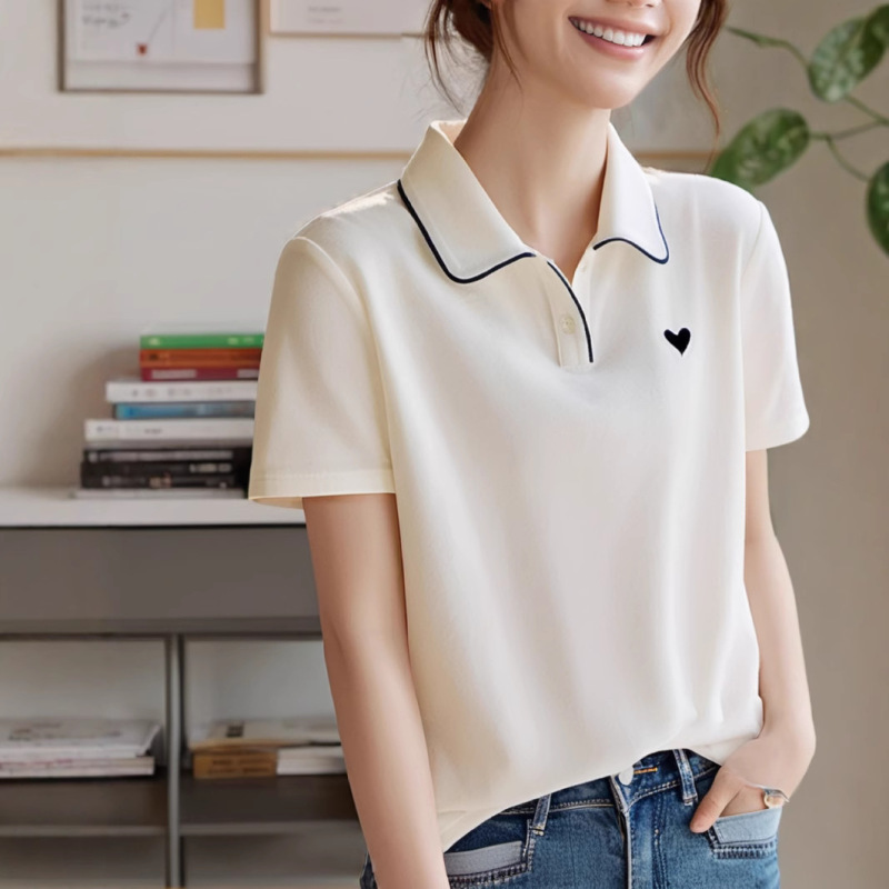 爽やかで甘い白い半袖ポロシャツレディーストップスコントラストカラーラブ刺繍年齢軽減Tシャツ万能シャツ|undefined
