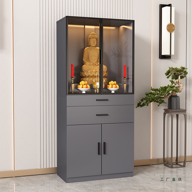 Modern Minimalist Buddhist Altar with Glass Doors, Shrine Table, Incense Stand, and Standing Cabinet