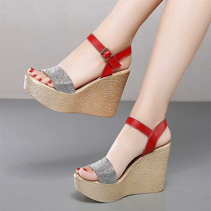 11CM сандалии с наклоном на каблуке летняя мода страз водонепроницаемая платформа летняя рыбья клюв черный 8 см