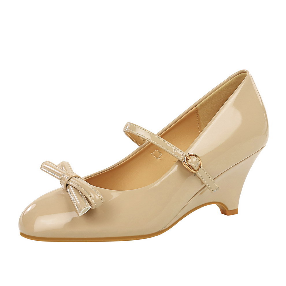 8868-H125 European and American style sexy one-piece buckle with bow, fashionable patent leather round toe wedge heel elegant single shoe
