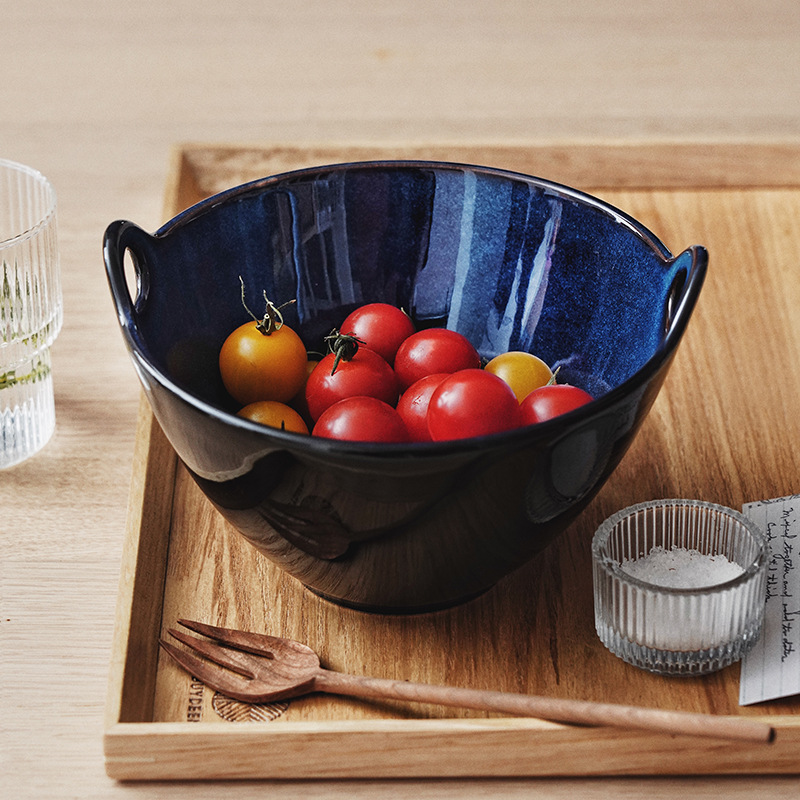Horno de estilo nórdico, vajilla de cerámica vidriada, restaurante, ensalada de frutas para el hogar, tazón de sopa de dos orejas, tazón de ramen, tazón de arroz grande