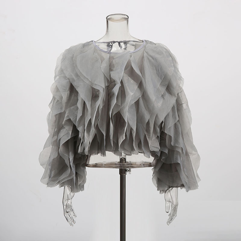 K Elegant Temperament Short Solid Color Top New High-end Round Neck Multi-layer Ruffle Edge Splicing Shirt_voghion.com