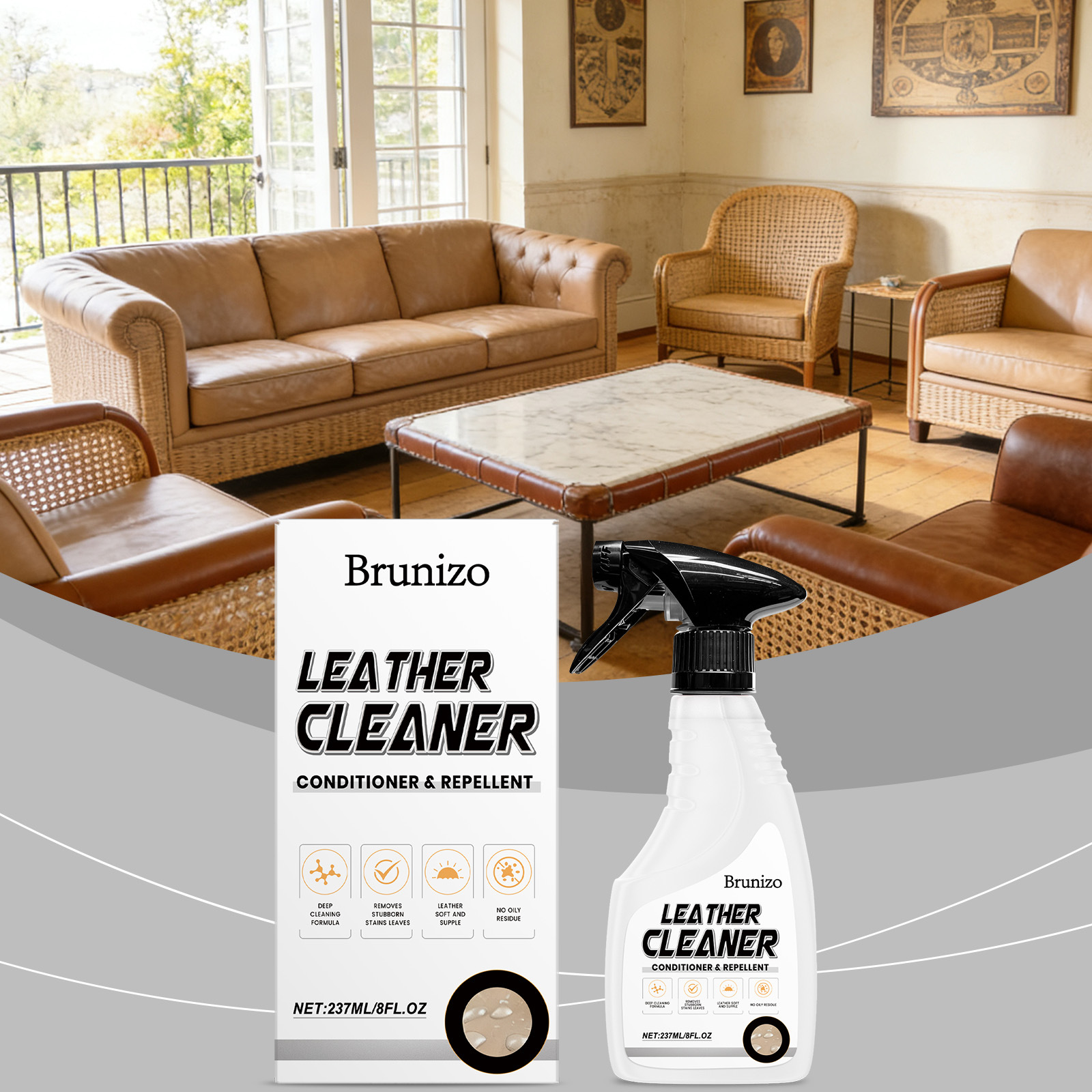 Brunizo Leather Cleaning and Care Agent for Home and Car Deep Cleaning, Oil Removal, Stain Removal, Brightening, and Gloss Enhancement
