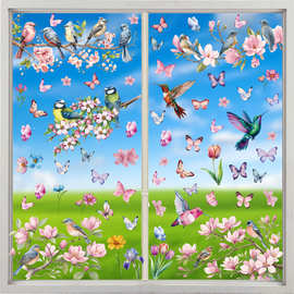2026新亚马逊春季静电窗贴画橱窗玻璃门小鸟枝头花朵蝴蝶装饰贴纸
