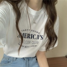 白色字母印花短袖T恤女夏季2022新款韩版宽松设计感小众百搭上衣