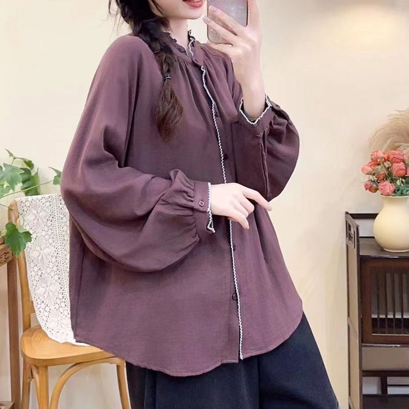 领双层棉纱时尚休闲长袖T恤女春秋新款宽松麻衬衫开衫上|undefined