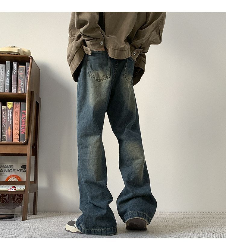 Men's High Street Cleanfit Vintage Washed Denim Jeans - Relaxed Fit Straight Leg Trousers For Casual Wear​_mkmklike.com