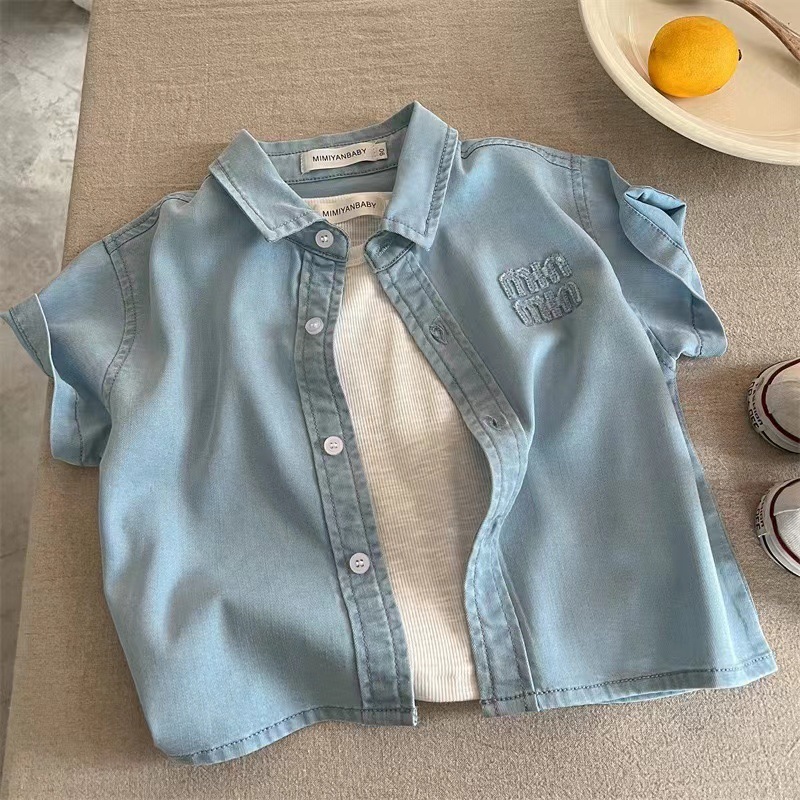 【3782人收藏】儿童短袖衬衫2024夏季新款男女童刺绣字母衬衫潮宝