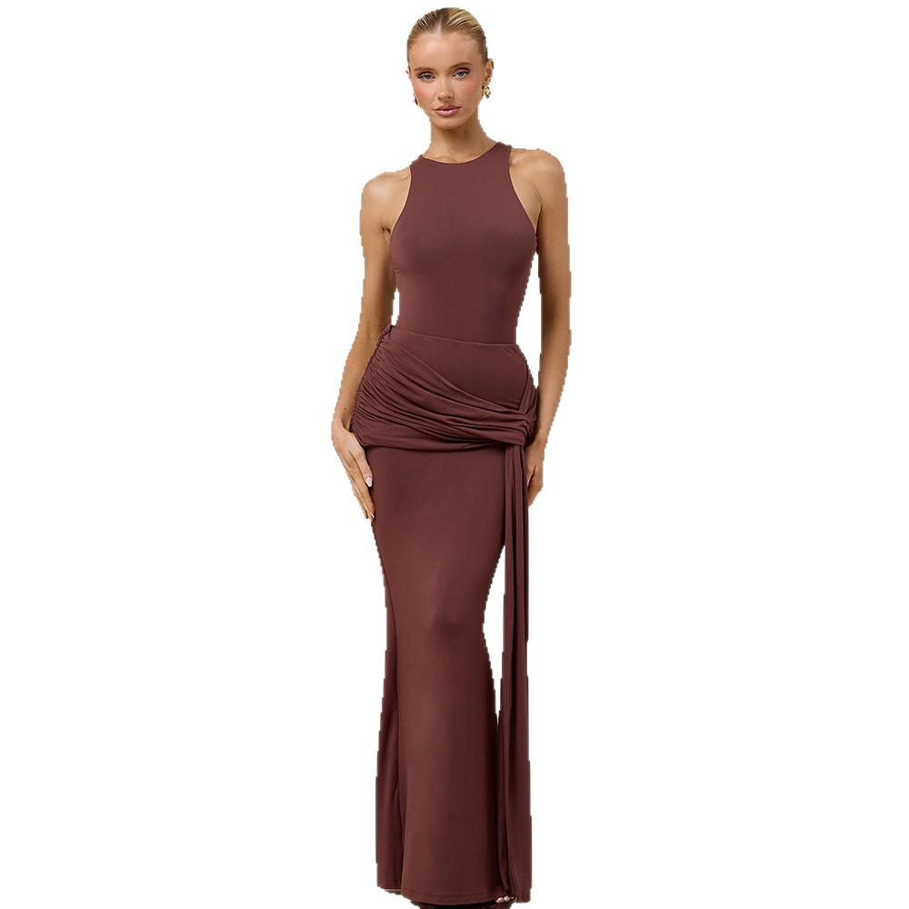 2026 otoño nuevo temperamento sexy delgado vestido largo sin mangas de color sólido vestido de cintura image 5