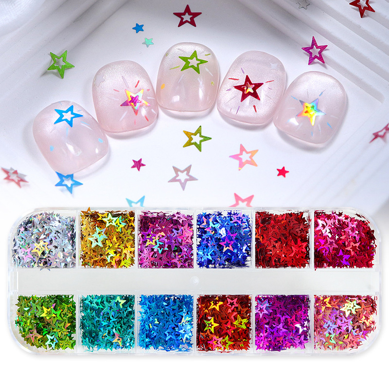 12-Grid Laser Cut-Out Star Sequins for Nail Art, Japanese and Korean Style Star Glitter Colorful Nail Accessories DIY Resin 12-Grid Laser Cut-Out Star Sequins for Nail Art, Japanese and Korean Style Star Glitter Colorful Nail Accessories DIY Resin