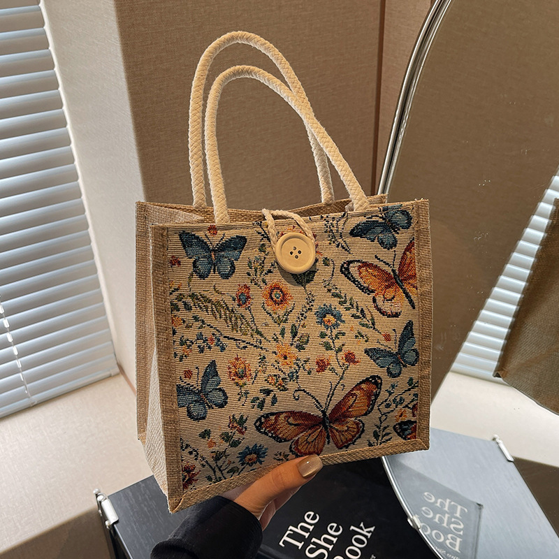 お弁当バッグ レディース 2025年新作 トレンドバッグ 女性用 ins風 蝶刺繍 収納麻布バッグ トレンド新商品|undefined