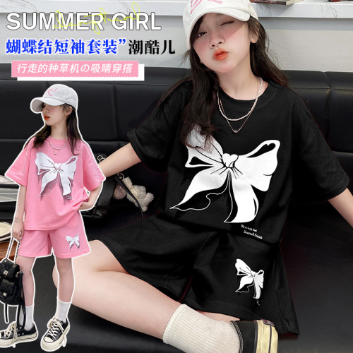 Girls Butterfly Knot Short Sleeve Shorts Set 2025 Summer Outfit for Middle and Large Children Summer Casual Sportswear