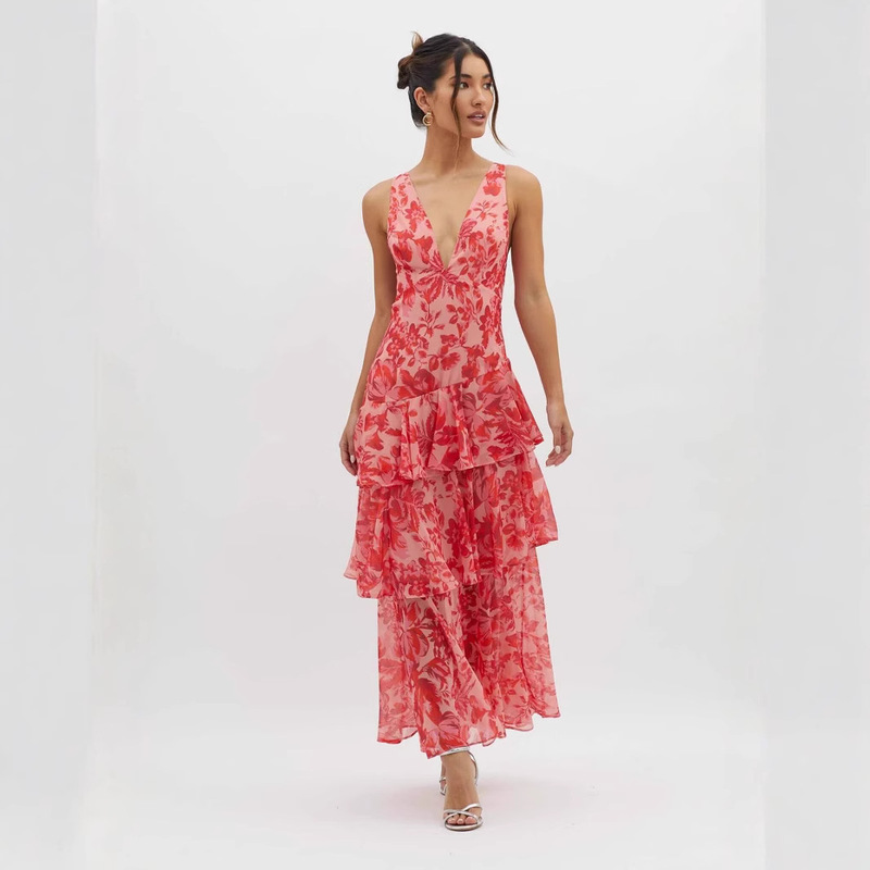 Cross-border 2025 European and American Pure Sexy Neck dress Women's Chiffon Summer New Slim-fit Ruffled Skirt