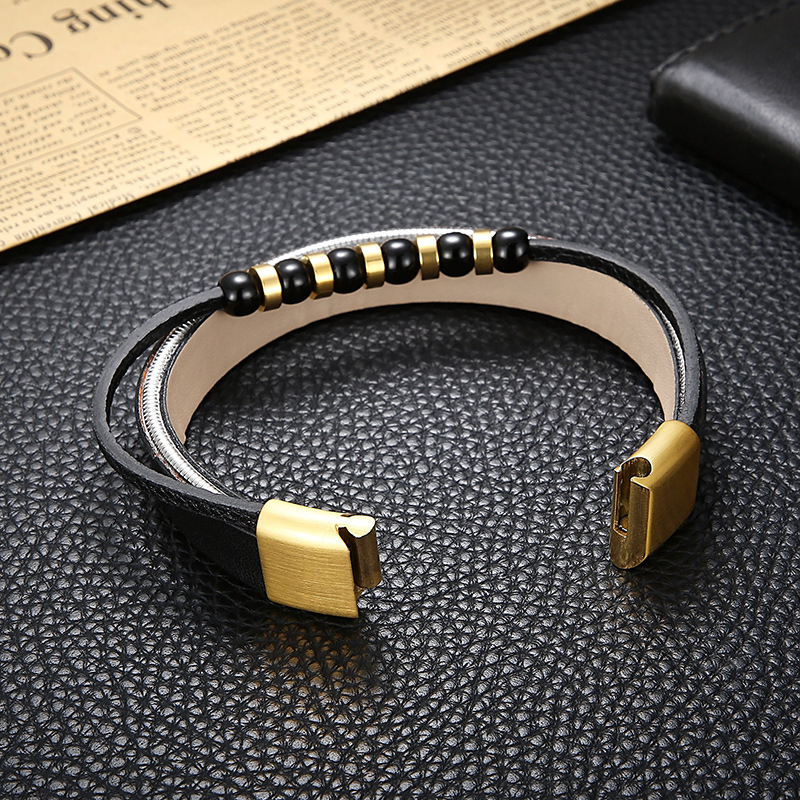 Retro Geometric Stainless Steel Cowhide Beaded Plating 18K Gold Plated Men's Bracelets display picture 3