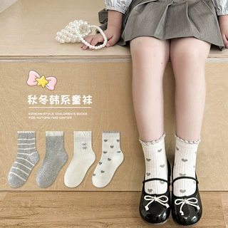 秋上新浅色爱心儿童袜子女童木耳花边袜透气甜美宝宝公主袜中筒袜