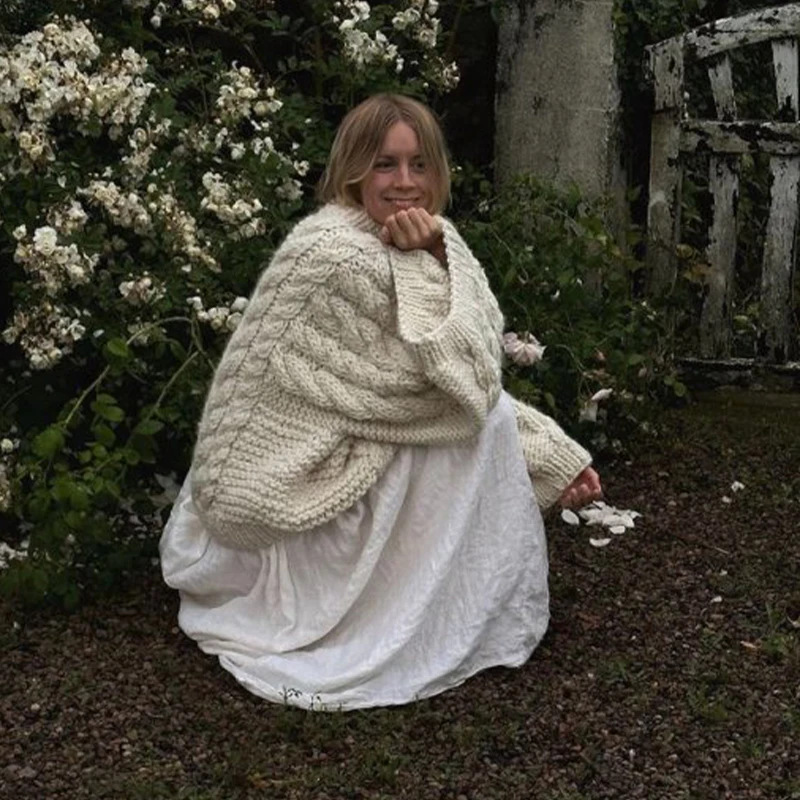 Damenbekleidung Damenpullover bequemer lässiger Retro-Strick-Rundhalsausschnitt einfarbiger Herbst-Großformatpullover_voghion.com