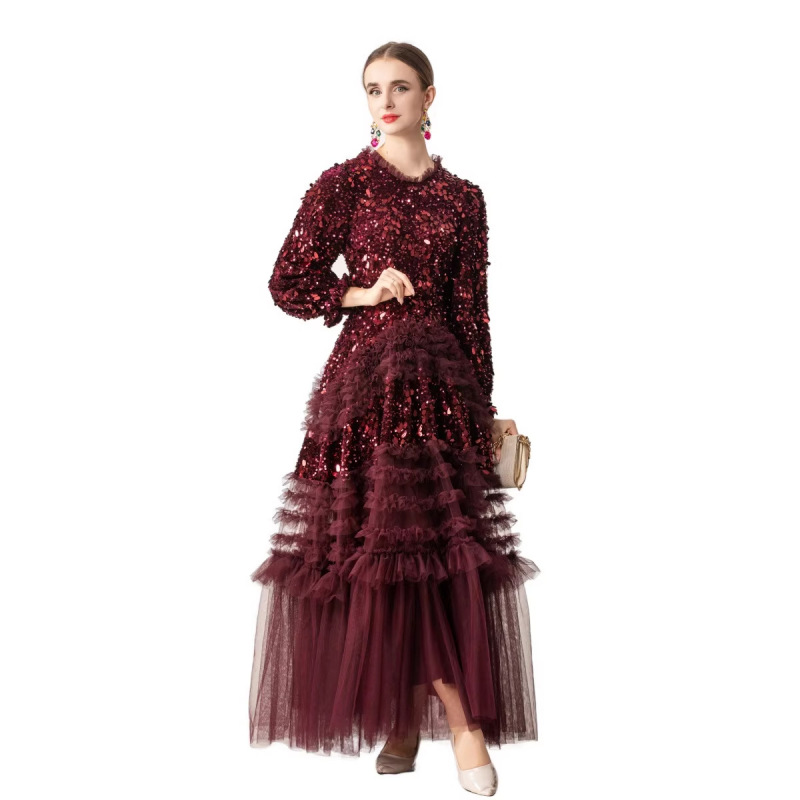 26 Spring New Red Wedding Banquet Stage Dress with Heavy Beading, Mesh, Ruffled Hem, Long Sleeve Gown 26 Spring New Red Wedding Banquet Stage Dress with Heavy Beading, Mesh, Ruffled Hem, Long Sleeve Gown