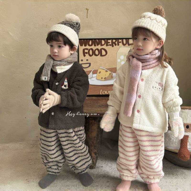 [Parent-Kids Style] Cartoon Pajamas Half Velvet Home Clothes 2025 New Autumn and Winter Thickened Two-Piece Set for Boys and Girls
