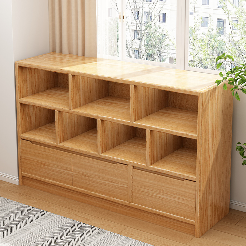 原木风实木书柜幼儿园书包柜多层置物柜一体靠墙书架落地储物柜子