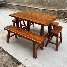 商用实木餐桌长条凳中式餐桌老榆木方桌八仙桌四方饭店桌椅组合