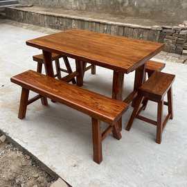 商用实木餐桌长条凳中式餐桌老榆木方桌八仙桌四方饭店桌椅组合