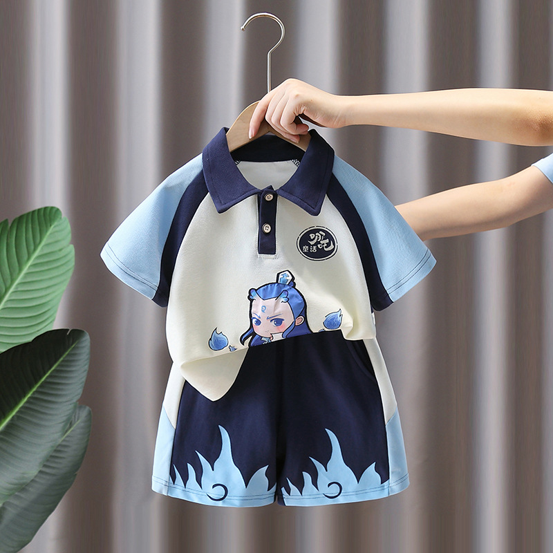 7406 Traje de verano para niños, Nezha para niños, ropa de mar Ao Bing, traje de dos piezas de polo de manga corta a juego