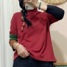 秋季 韩版显瘦宽松时尚洋气袖口拼色圆领套头小衫百搭简约舒适