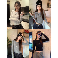 网红纯色掐腰长袖T恤女2025新款修身显瘦百搭打底衫女装辣妹上衣