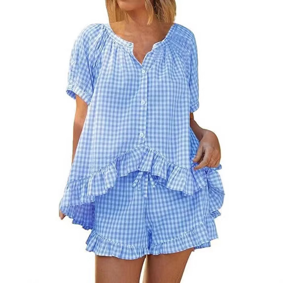 Amazon temu2025 Europe and the United States cross-border new women's doll short sleeve shirt pants casual suit pajamas Amazon temu2025 Europe and the United States cross-border new women's doll short sleeve shirt pants casual suit pajamas