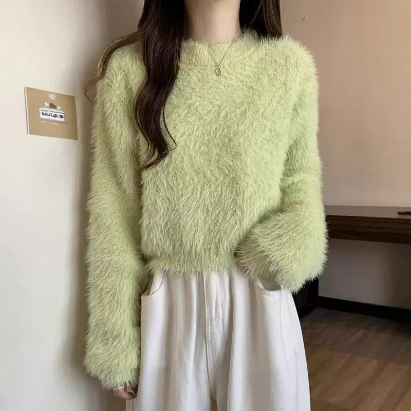 韩系甜美仿水貂绒毛外套女士短款温柔风2025年秋冬气质针织衫上衣