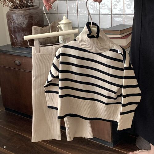 Children's Korean-style set  autumn and winter new striped wool set high neck turtleneck sweater slim wide-leg pants