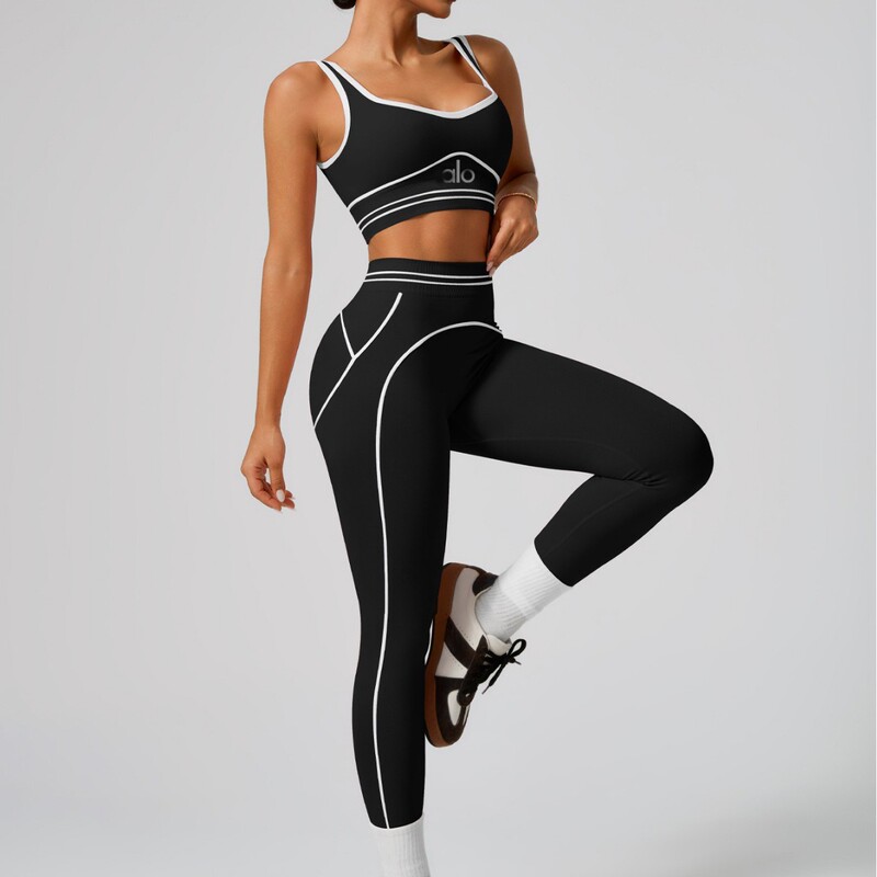 Trendy European and American Style Line-Patterned Bra and Long Pants Yoga Set for Women, High-Waisted Workout Fitness Sportswear Trendy European and American Style Line-Patterned Bra and Long Pants Yoga Set for Women, High-Waisted Workout Fitness Sportswear