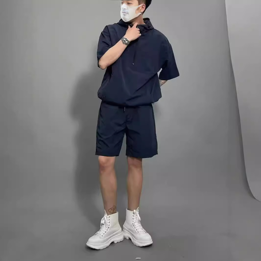 Traje de estilo japonés para hombre de verano, pantalones cortos de manga corta, chaqueta suelta informal, camisa, suéter delgado con capucha