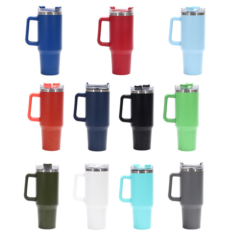 Taza de coche con mango de 40oz transfronterizo Taza de aislamiento de acero inoxidable 304 de doble capa de vacío Taza de hielo de gran capacidad con pajita