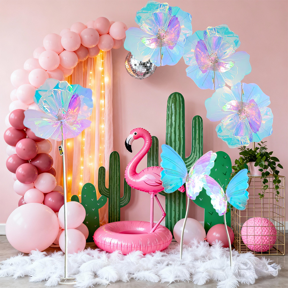 Flores láser flash, tarjetas de perforación de fotos, mariposa, decoración floral, accesorios de decoración de apertura del centro comercial