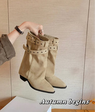 牛皮版~丹麦裤管靴尖头扣带6cm粗跟沙漠牛仔靴子堆堆短靴女西部靴