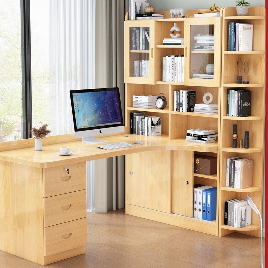 Solid Wood Corner Desk Bookshelf Integrated Combination Simple Desktop Office Computer Desk Bedroom Children's Study Writing Desk