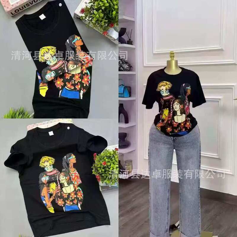 300g pure cotton trendy brand printed short-sleeve T-shirt for women, summer loose fit, round neck, fashionable and versatile, European and American style, new top 300g pure cotton trendy brand printed short-sleeve T-shirt for women, summer loose fit, round neck, fashionable and versatile, European and American style, new top