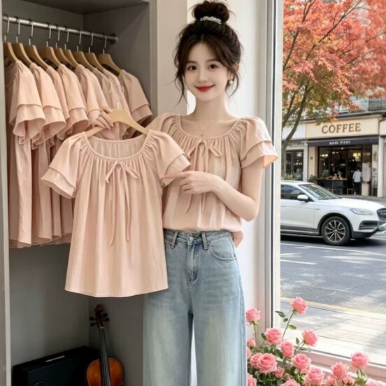 Wholesale Foreign Trade Summer Sweet and Cool Niche Shirts for Women, New Off-The-Shoulder Versatile Blouse, Korean Style Super Fairy Doll Shirt