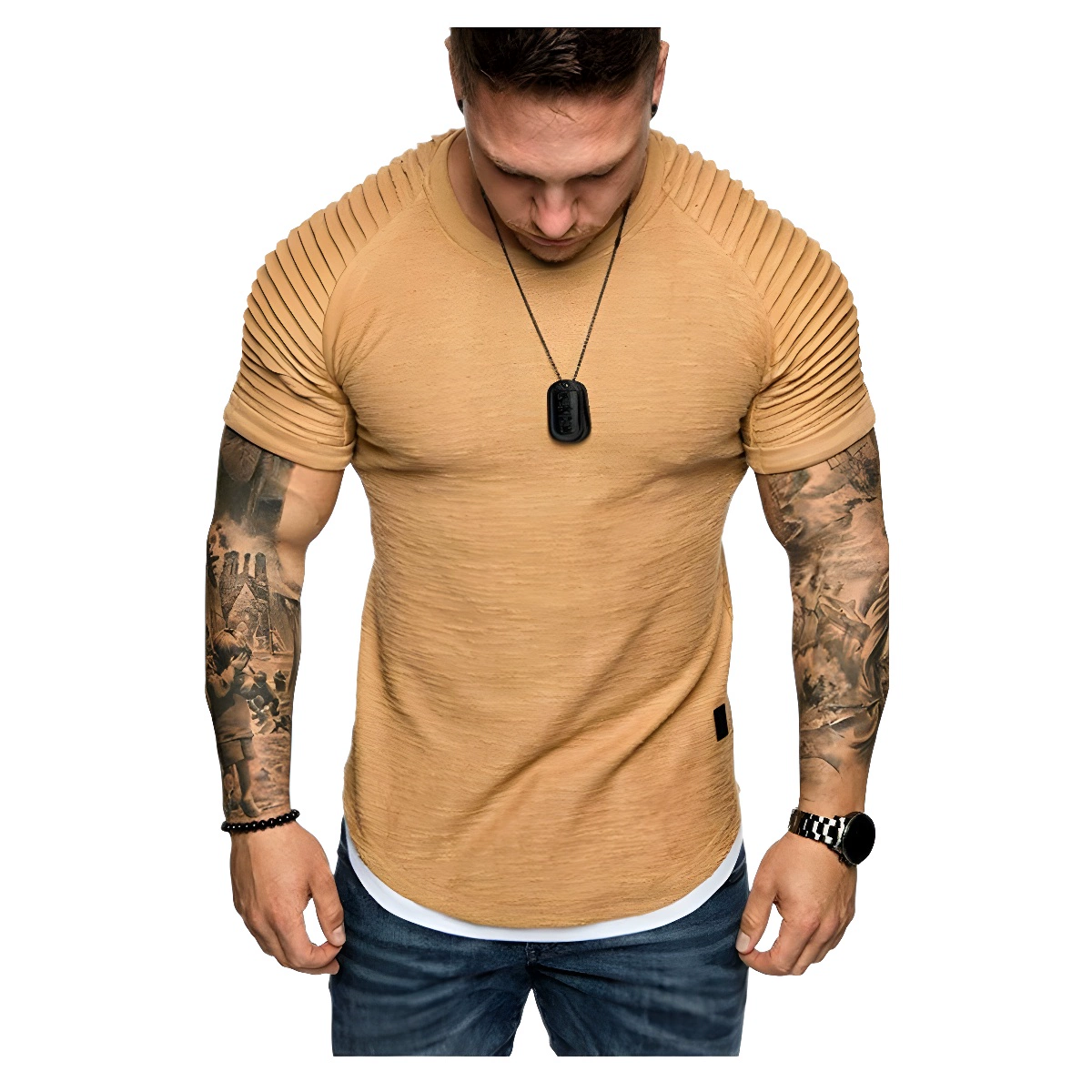 Трансграничная Осенняя приталенная плиссированная Повседневная модная Молодежная Базовая рубашка с круглым вырезом и короткими рукавами, мужские спортивные рукава реглан