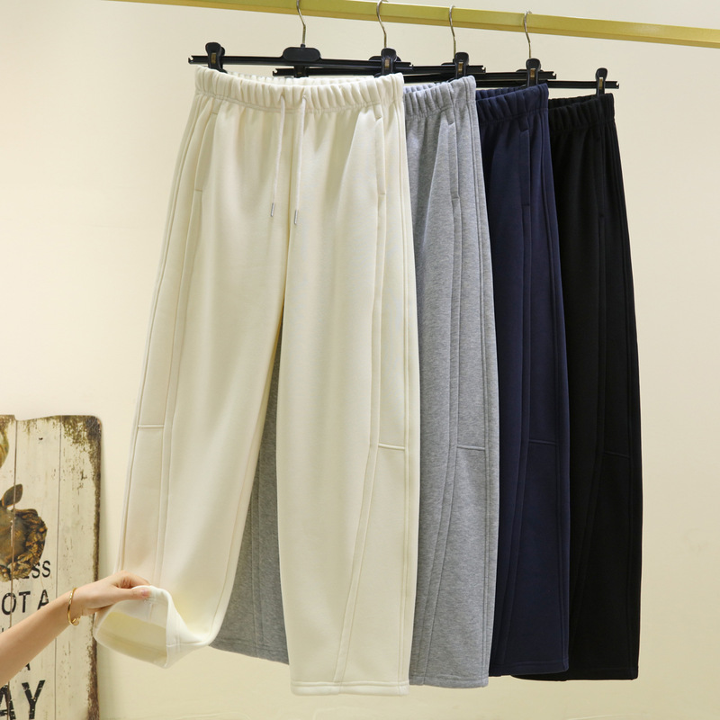 Cotton Scimitar Casual Sweatpants for Women, Winter Fleece-Lined Warm Elastic Waist Straight-Leg Long Pants Cotton Scimitar Casual Sweatpants for Women, Winter Fleece-Lined Warm Elastic Waist Straight-Leg Long Pants