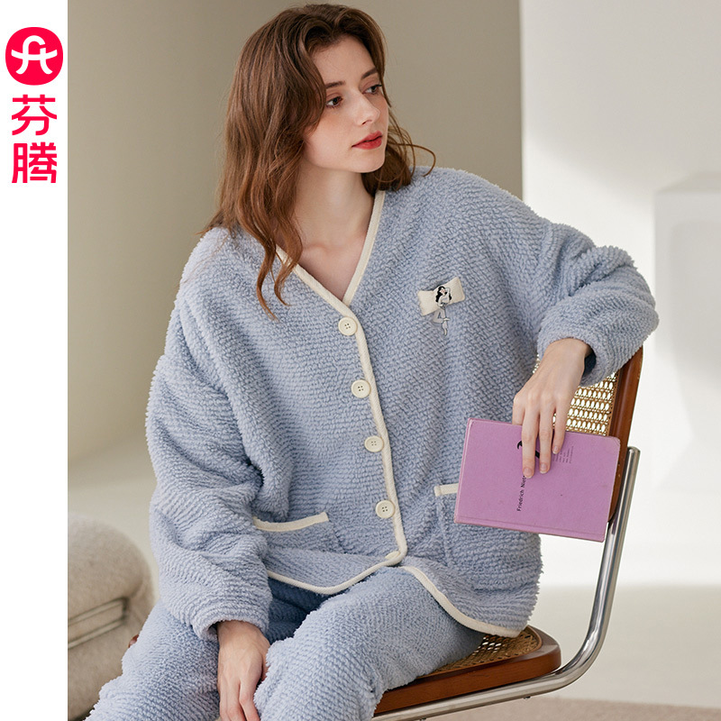 Fenton [Fluffy Milk Velvet] Pajamas Women's Coral Velvet Autumn and Winter Plus Velvet Thickened Suit Flannel Loose Casual