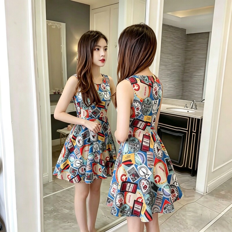 Fresh and cute floral dress, sweet Korean style new slim-fit sleeveless tank dress, princess dress for petite students, trendy
