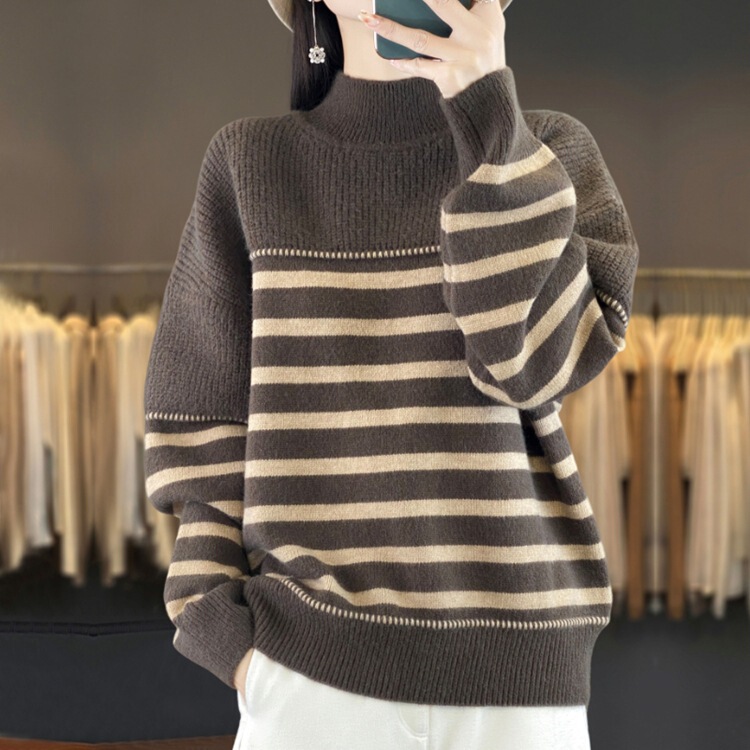 French Retro Lazy Style Striped Cotton Wool Knitwear Autumn and Winter New Outer Wear Pullover Bottoming Sweater for Women Loose