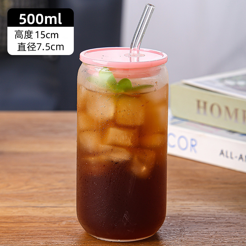 Amazon Cross-border 16oz taza de coco cubierta de bambú taza de pajita de vidrio de borosilicato de alto valor logotipo de impresión de taza de agua transparente de alto valor