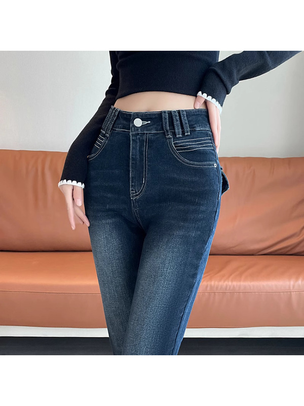 蓝灰色紧身微喇牛仔裤女士2025秋季新款超火复古提臀马蹄喇叭裤子|undefined