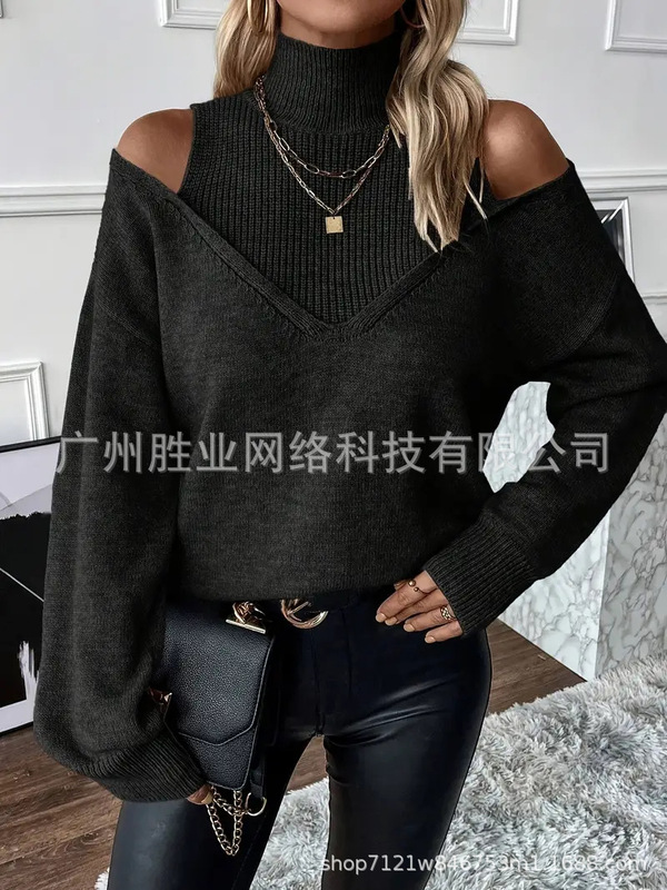 欧美跨境外贸高领秋冬毛衣时尚优雅长袖撞色毛衣露肩设计罗纹袖口|undefined