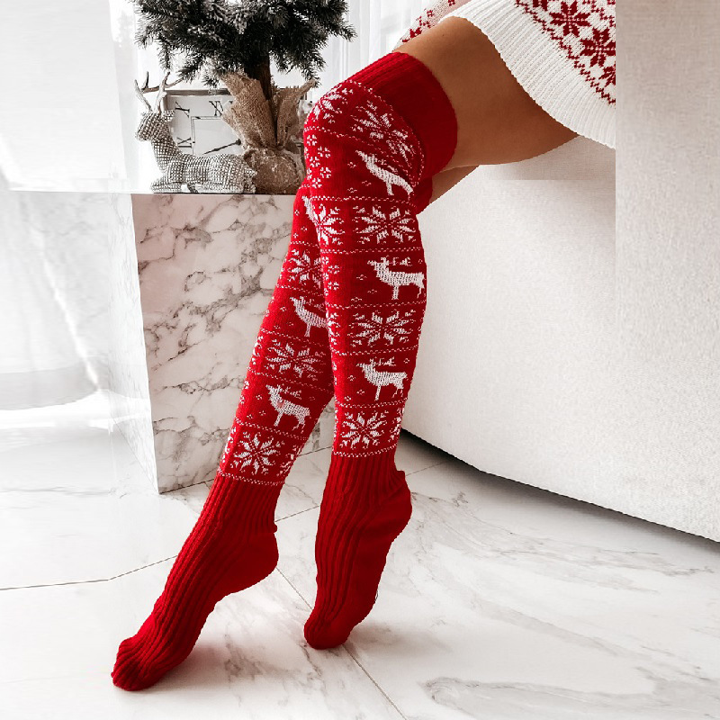 Winter Christmas Warm Knitted Women Stocking Beautiful Elk Snowflake Jacquard Ov - Picture 6 of 8