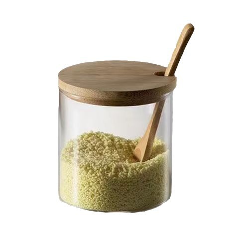 alta borosilicona vidrio condimento lata cubierta de madera de bambú con cuchara condimento lata cocina doméstica almacenamiento condimento lata spot